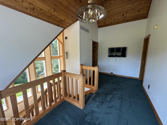 10821 E Valley Crest Dr, Palmer, AK 99645 - carpeted spare room featuring wood ceiling, a chandelier, and high vaulted ceiling