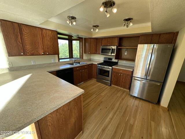 10821 E Valley Crest Dr, Palmer, AK 99645 - kitchen with appliances with stainless steel finishes, a textured ceiling, ornamental molding, open shelves, and light wood-style floors