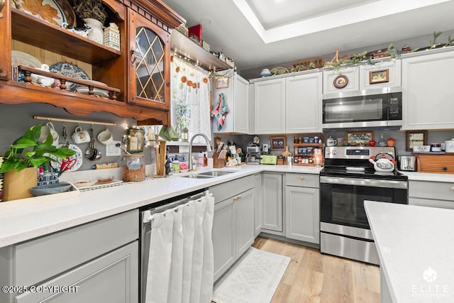 5050 N Gold Mint Dr, Wasilla, AK 99654 - kitchen featuring appliances with stainless steel finishes, light countertops, light wood-style flooring, and open shelves