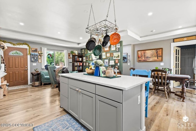 5050 N Gold Mint Dr, Wasilla, AK 99654 - kitchen featuring gray cabinets, a tray ceiling, light wood-style floors, and recessed lighting