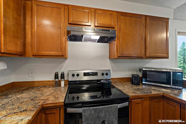 10201 Jamestown Dr # A102, Anchorage, AK 99507 - kitchen with stainless steel appliances, under cabinet range hood, and brown cabinetry