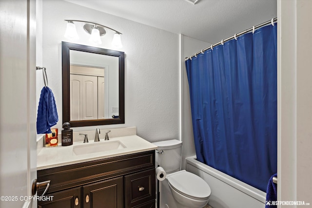 10201 Jamestown Dr # A102, Anchorage, AK 99507 - bathroom with vanity, shower / bathtub combination with curtain, and a textured wall