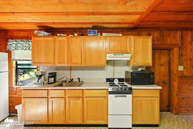 21033 Sterling Hwy, Ninilchik, AK 99639 - kitchen featuring white appliances, under cabinet range hood, light countertops, wood walls, and wood ceiling
