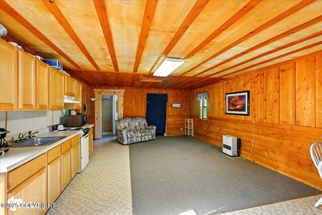 21033 Sterling Hwy, Ninilchik, AK 99639 - kitchen featuring under cabinet range hood, white stove, light countertops, wooden walls, and light colored carpet