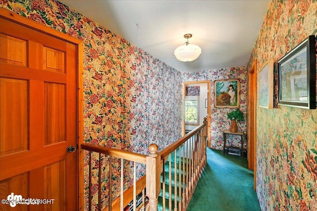 21033 Sterling Hwy, Ninilchik, AK 99639 - hall with wallpapered walls, an upstairs landing, and carpet floors