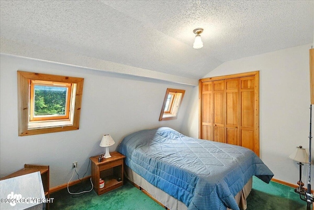 21033 Sterling Hwy, Ninilchik, AK 99639 - bedroom with carpet flooring, lofted ceiling, a closet, and a textured ceiling