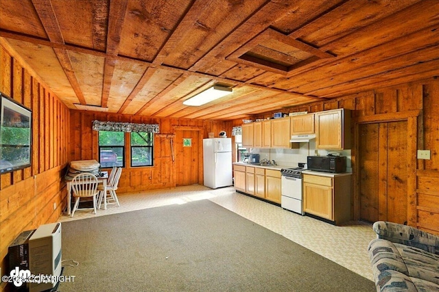 21033 Sterling Hwy, Ninilchik, AK 99639 - kitchen with white appliances, wood ceiling, under cabinet range hood, wooden walls, and light carpet