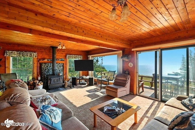 21033 Sterling Hwy, Ninilchik, AK 99639 - carpeted living room featuring a wood stove and wooden ceiling