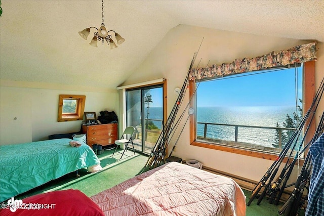 21033 Sterling Hwy, Ninilchik, AK 99639 - bedroom with carpet flooring, lofted ceiling, access to outside, a textured ceiling, and a water view