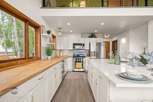 900 W Selina Ln, Wasilla, AK 99654 - kitchen with appliances with stainless steel finishes, open shelves, white cabinets, dark wood-style flooring, and decorative backsplash