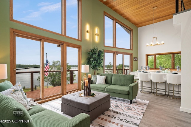 900 W Selina Ln, Wasilla, AK 99654 - living area featuring a chandelier, wood ceiling, high vaulted ceiling, and wood finished floors