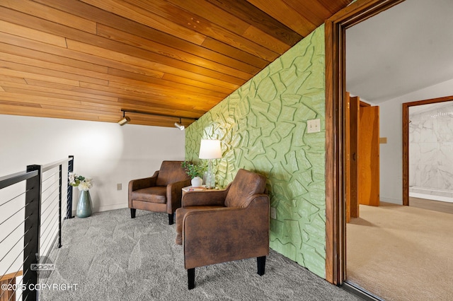 900 W Selina Ln, Wasilla, AK 99654 - sitting room featuring carpet flooring, wood ceiling, lofted ceiling, and an upstairs landing