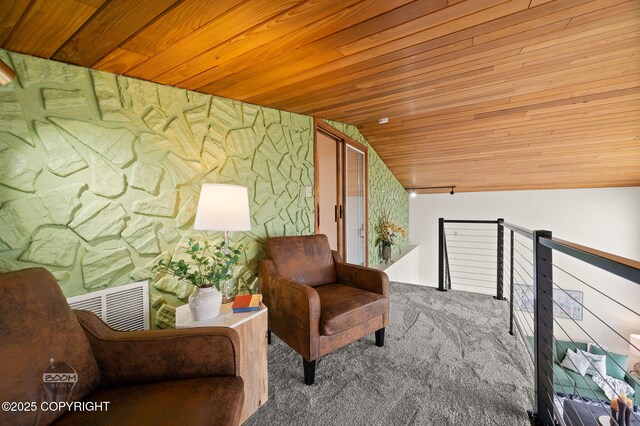 900 W Selina Ln, Wasilla, AK 99654 - sitting room with wooden ceiling, an upstairs landing, carpet, and vaulted ceiling