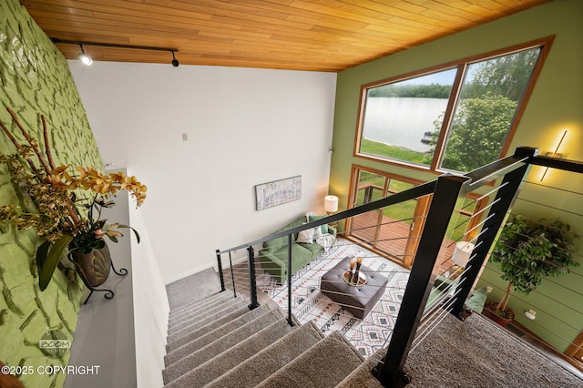 900 W Selina Ln, Wasilla, AK 99654 - stairs with wooden ceiling, rail lighting, a water view, and carpet flooring