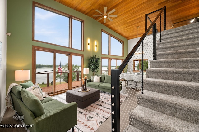 900 W Selina Ln, Wasilla, AK 99654 - living room with a water view, high vaulted ceiling, stairs, wood ceiling, and a ceiling fan