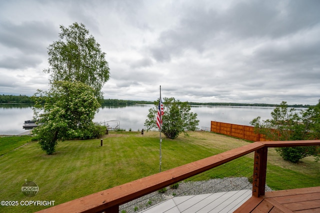 900 W Selina Ln, Wasilla, AK 99654 - wooden terrace featuring a water view and a lawn