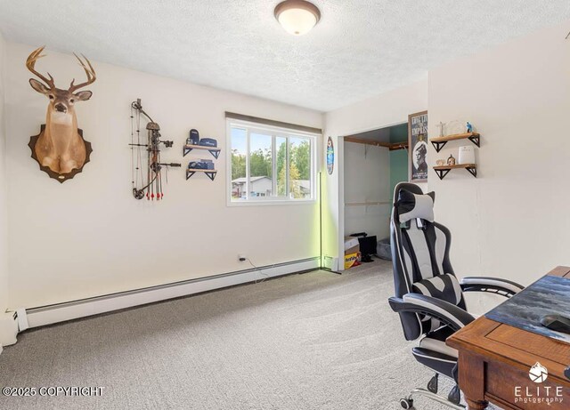 17311 Bonasila Cir, Eagle River, AK 99577 - carpeted home office featuring a baseboard heating unit and a textured ceiling