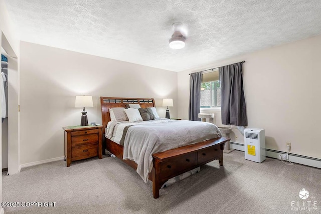 17311 Bonasila Cir, Eagle River, AK 99577 - bedroom featuring a textured ceiling, baseboard heating, and light colored carpet