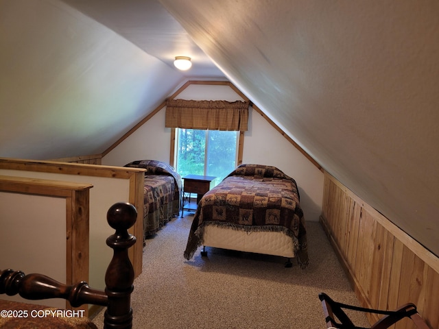 13925 Ravenquest Ave, Seward, AK 99664 - carpeted bedroom featuring vaulted ceiling and wood walls