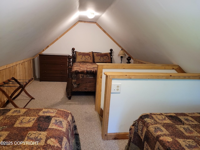 13925 Ravenquest Ave, Seward, AK 99664 - bedroom featuring carpet, vaulted ceiling, and wooden walls