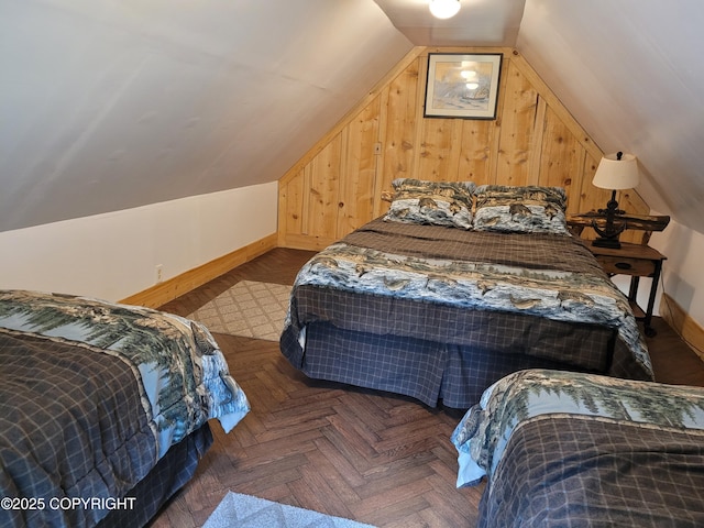 13925 Ravenquest Ave, Seward, AK 99664 - bedroom featuring lofted ceiling and wooden walls