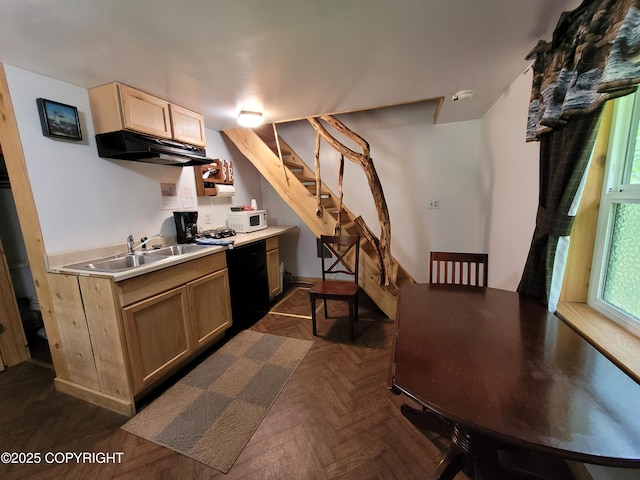 13925 Ravenquest Ave, Seward, AK 99664 - kitchen with under cabinet range hood, white microwave, light countertops, light brown cabinetry, and black dishwasher