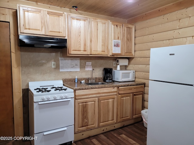 13925 Ravenquest Ave, Seward, AK 99664 - kitchen with white appliances, under cabinet range hood, wood ceiling, light brown cabinetry, and wood walls