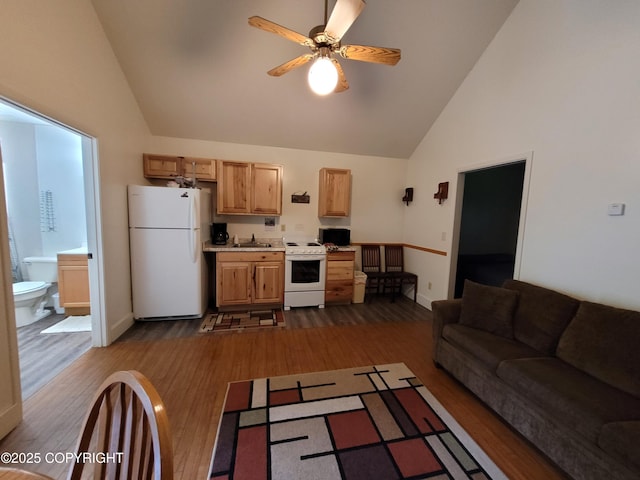 13925 Ravenquest Ave, Seward, AK 99664 - living room featuring high vaulted ceiling, dark wood-type flooring, and ceiling fan