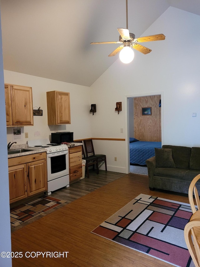 13925 Ravenquest Ave, Seward, AK 99664 - kitchen featuring electric stove, high vaulted ceiling, black microwave, dark wood-style floors, and a ceiling fan