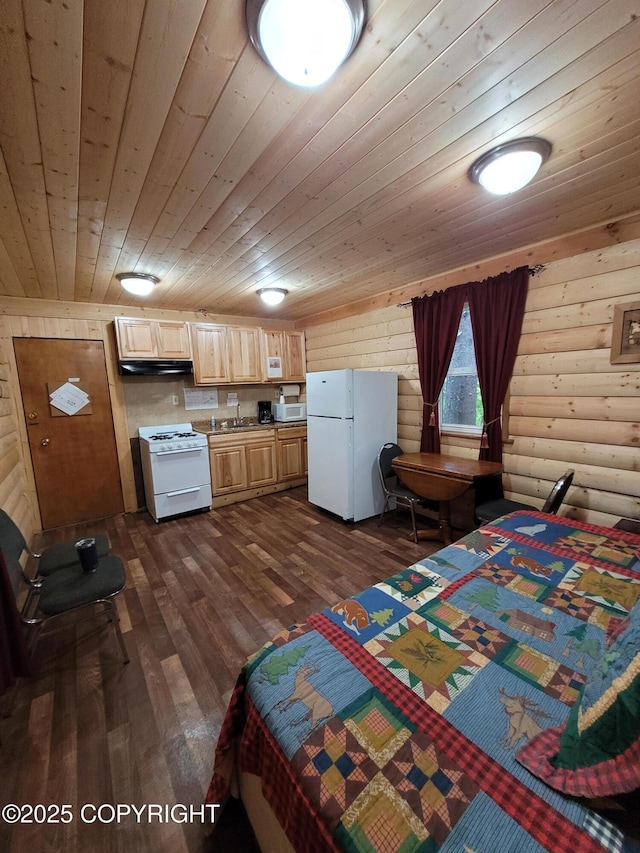 13925 Ravenquest Ave, Seward, AK 99664 - bedroom with freestanding refrigerator, wood ceiling, dark wood finished floors, and log walls