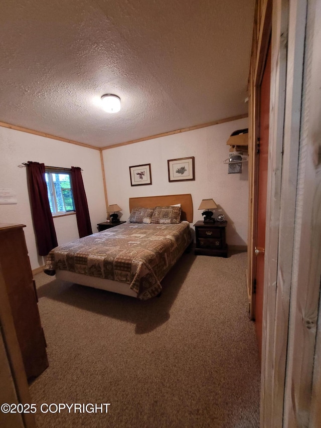 13925 Ravenquest Ave, Seward, AK 99664 - bedroom with carpet, a textured ceiling, and ornamental molding