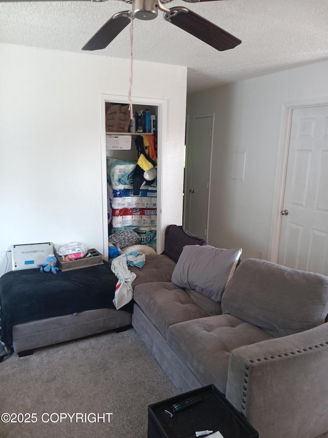1011 Friendly Ln, Anchorage, AK 99504 - living area featuring a ceiling fan, a textured ceiling, and carpet