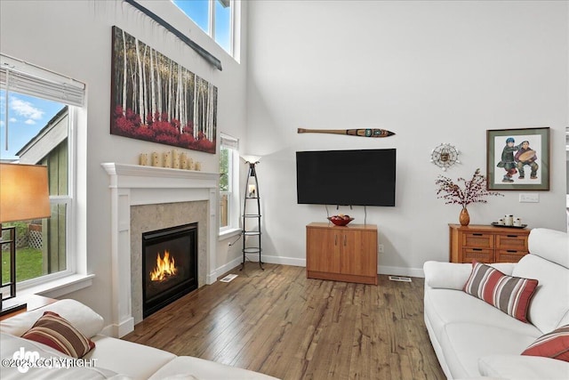 339 Skwentna Dr # 24, Anchorage, AK 99504 - living room featuring wood finished floors, a glass covered fireplace, and a high ceiling