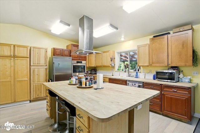 14216 W Norcross St, Big Lake, AK 99623 - kitchen with stainless steel appliances, island range hood, light wood finished floors, lofted ceiling, and a kitchen island