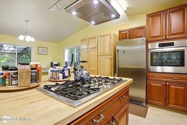 14216 W Norcross St, Big Lake, AK 99623 - kitchen featuring stainless steel appliances, range hood, light countertops, light wood-style floors, and lofted ceiling