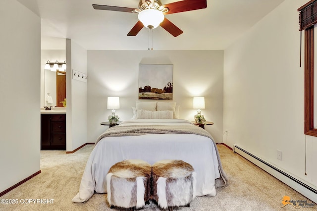 6312 Air Guard Rd, Anchorage, AK 99502 - bedroom with a baseboard heating unit, light colored carpet, ensuite bath, and ceiling fan