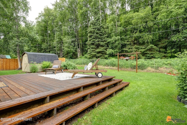 6312 Air Guard Rd, Anchorage, AK 99502 - wooden deck featuring a storage shed and a fenced backyard