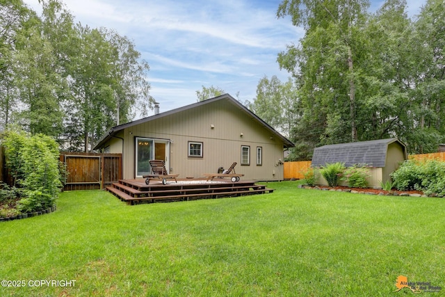 6312 Air Guard Rd, Anchorage, AK 99502 - rear view of house with a fenced backyard, a storage shed, and a wooden deck