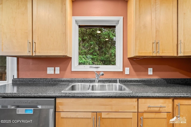 1740 Patterson Ct, Anchorage, AK 99504 - kitchen featuring dishwasher, dark countertops, and light brown cabinets