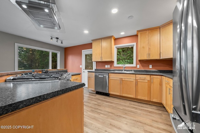 1740 Patterson Ct, Anchorage, AK 99504 - kitchen with stainless steel appliances, plenty of natural light, light wood-style floors, extractor fan, and recessed lighting