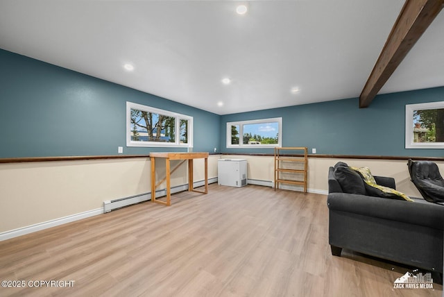 1740 Patterson Ct, Anchorage, AK 99504 - living area featuring a baseboard radiator, wood finished floors, recessed lighting, and beamed ceiling
