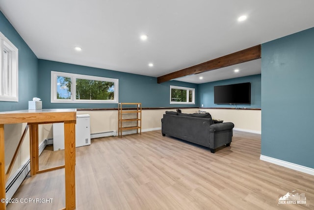 1740 Patterson Ct, Anchorage, AK 99504 - living area with baseboard heating, light wood-style flooring, recessed lighting, and beam ceiling