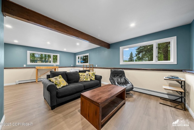 1740 Patterson Ct, Anchorage, AK 99504 - living area featuring a baseboard heating unit, wood finished floors, beam ceiling, and recessed lighting