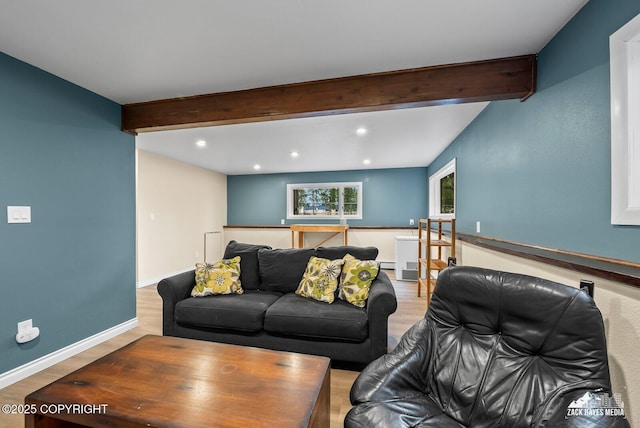 1740 Patterson Ct, Anchorage, AK 99504 - living area featuring beamed ceiling, wood finished floors, and recessed lighting