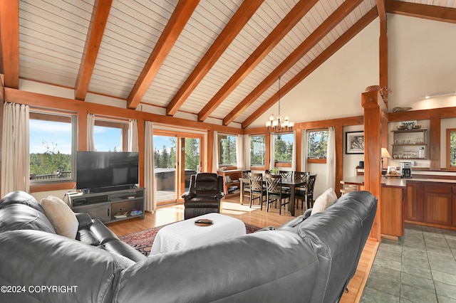 37905 Hall Rd, Sterling, AK 99672 - living room with a chandelier, high vaulted ceiling, and a wooden ceiling with exposed beams