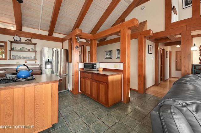 37905 Hall Rd, Sterling, AK 99672 - kitchen featuring stainless steel appliances, a wooden ceiling with exposed beams, open shelves, high vaulted ceiling, and open floor plan