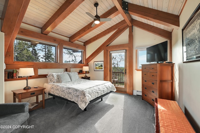 37905 Hall Rd, Sterling, AK 99672 - bedroom featuring a baseboard radiator, access to outside, carpet, and wooden ceiling