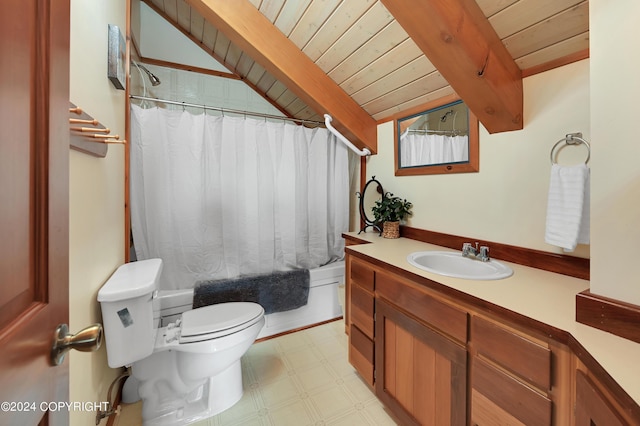 37905 Hall Rd, Sterling, AK 99672 - bathroom with tile patterned floors, wood ceiling, vanity, and shower / bathtub combination with curtain