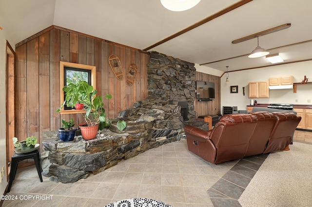 37905 Hall Rd, Sterling, AK 99672 - living area featuring wood walls, lofted ceiling, and light tile patterned flooring