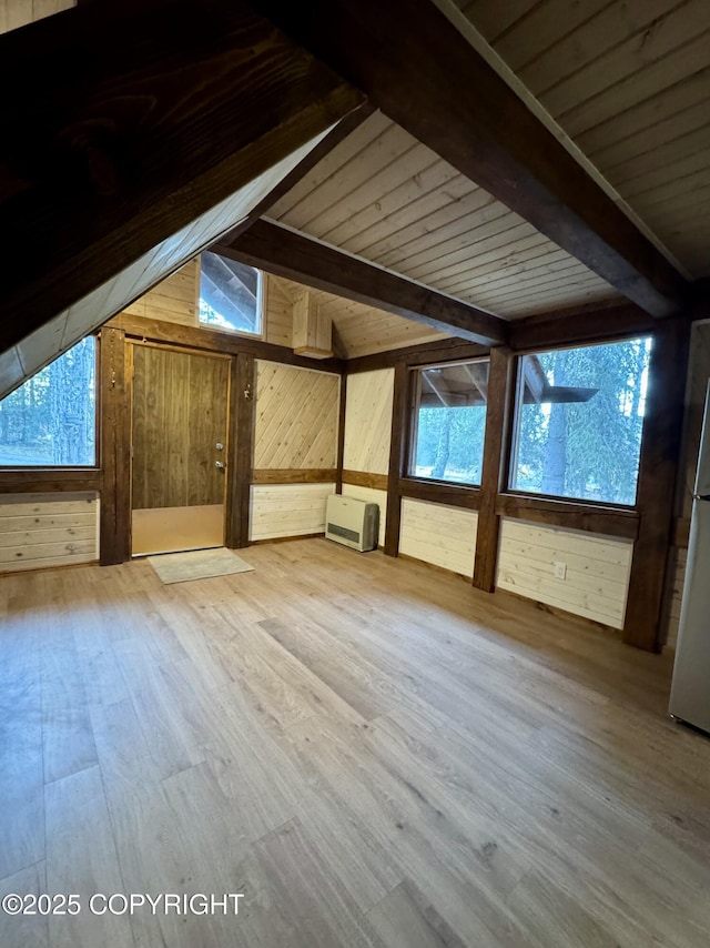 37905 Hall Rd, Sterling, AK 99672 - additional living space featuring wooden walls, wood finished floors, healthy amount of natural light, heating unit, and wooden ceiling